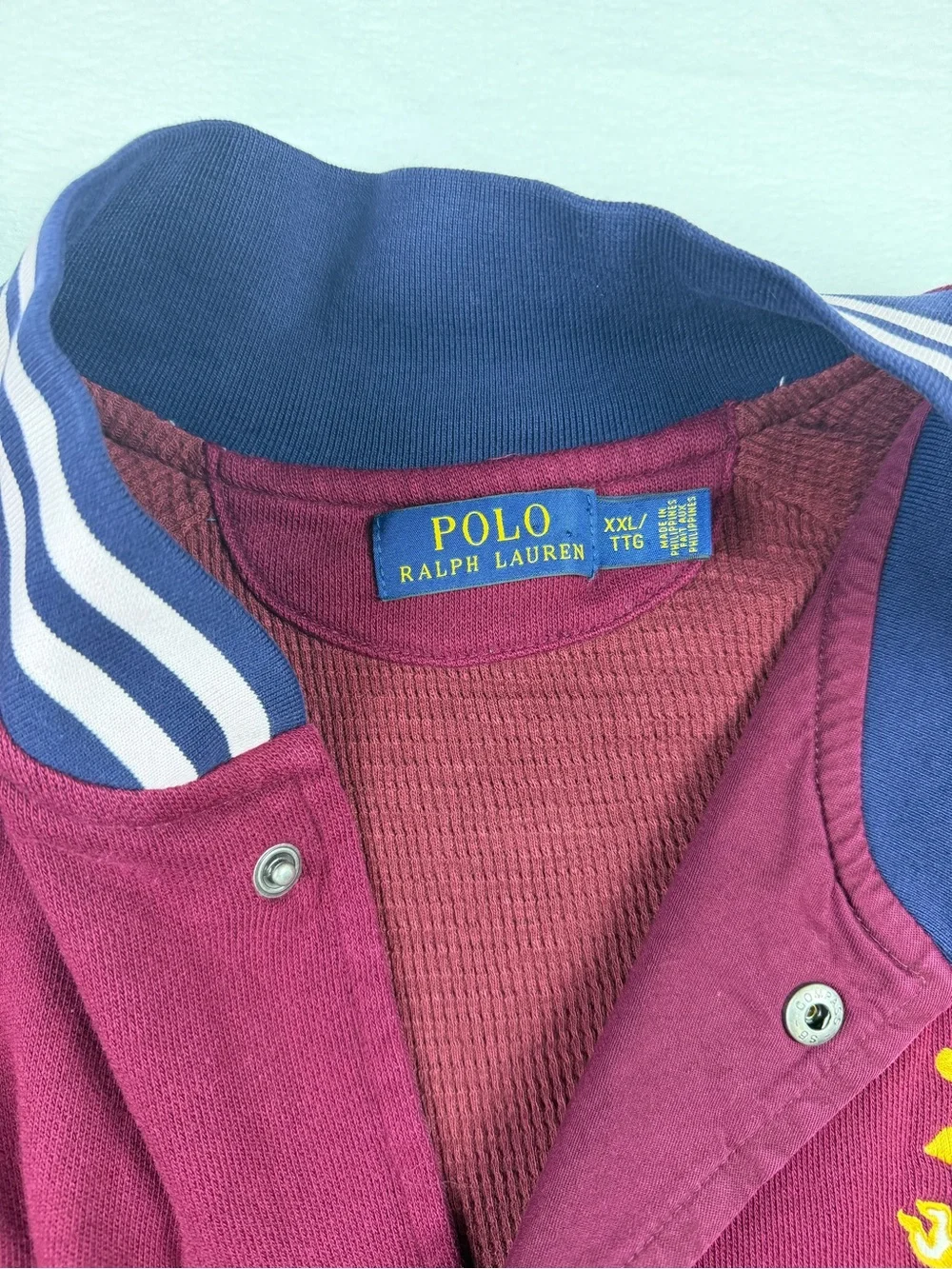 Polo Ralph Lauren Varsity Jacket Men’s XXL Burgundy Blue Snap Front Logo Bomber